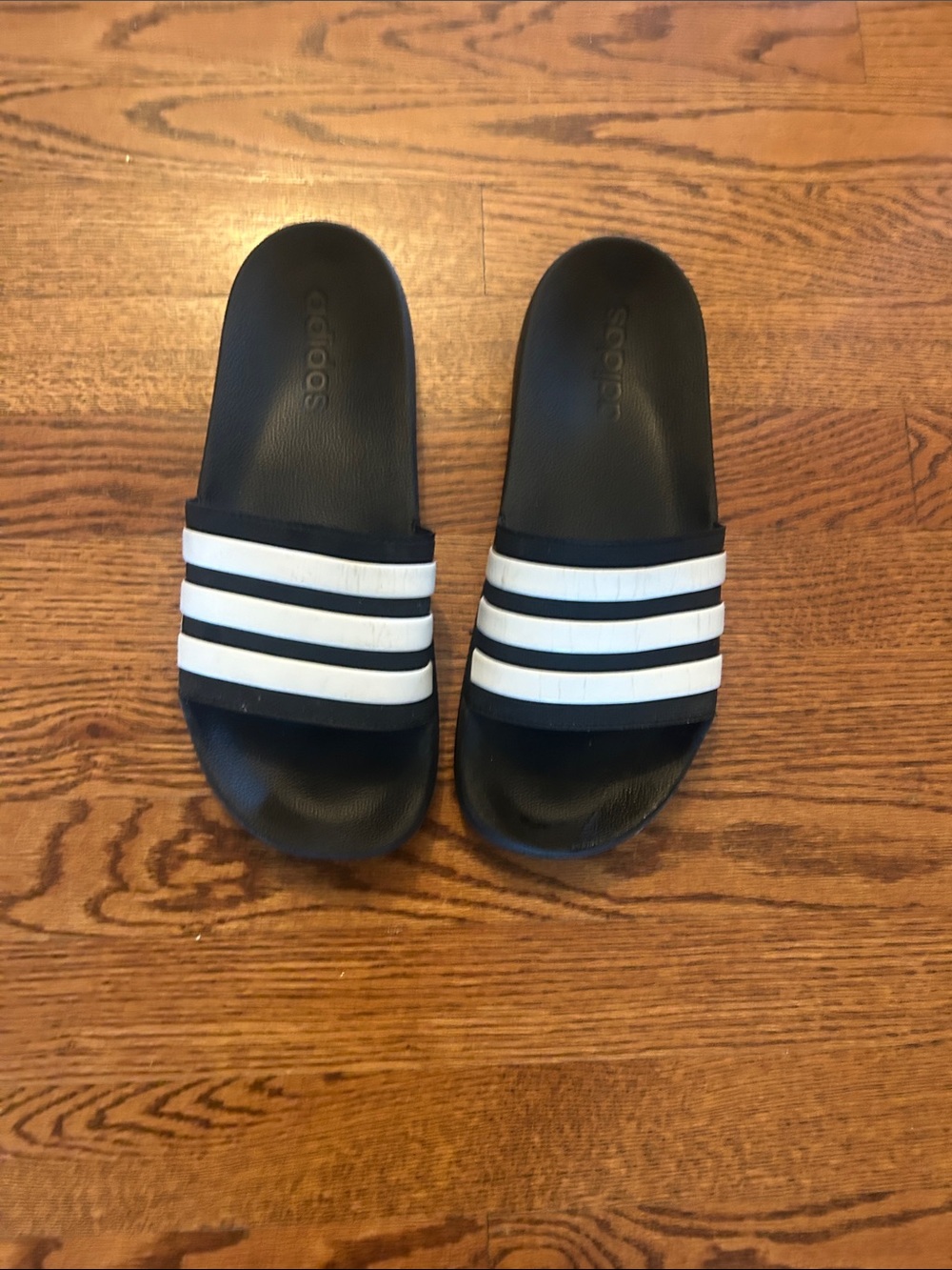 adidas Black Slides with White Stripes